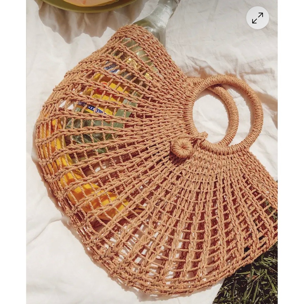 Lulus Market Marvel Tan Woven Straw Tote Bag Boho Circle Handle Summer